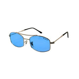Sunglasses with blue lenses and thin metal frame on a white background