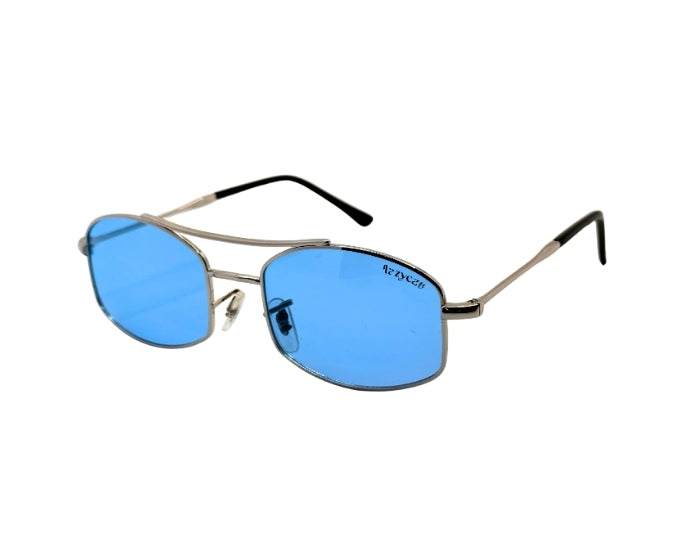 Sunglasses with blue lenses and thin metal frame on a white background