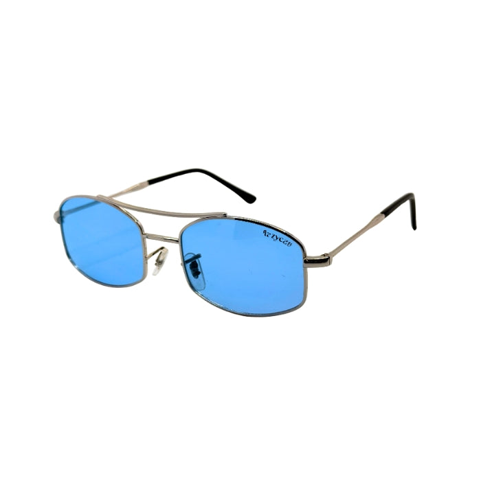 Sunglasses with blue lenses and thin metal frame on a white background