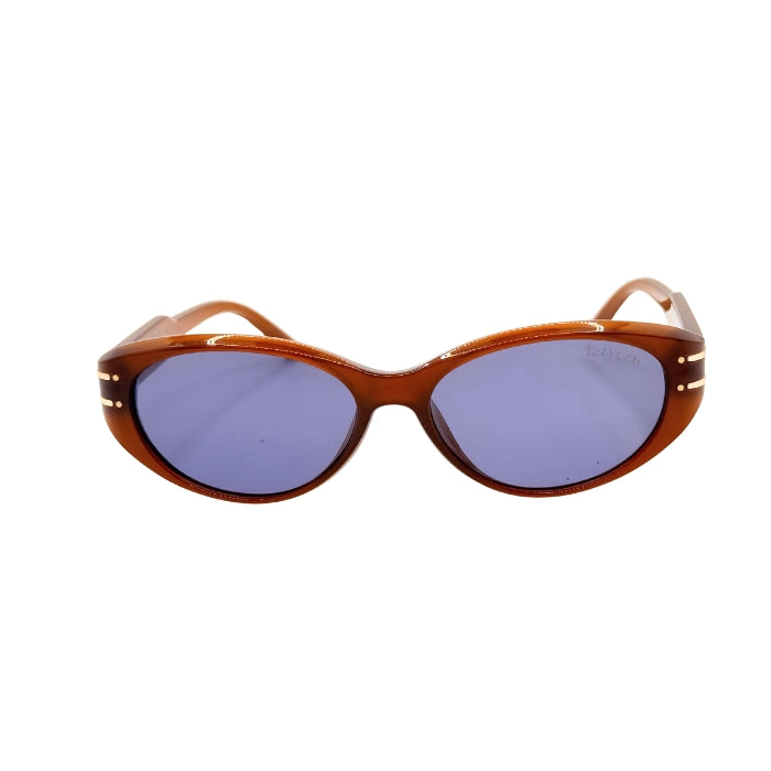 Sunglasses with brown frame and blue lenses on a white background