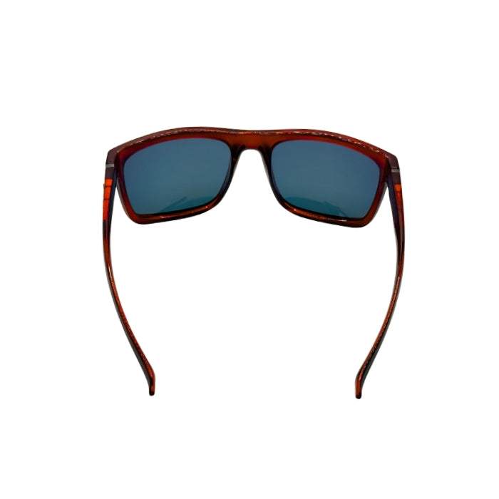 Sunglasses with brown frame and dark lenses on a white background