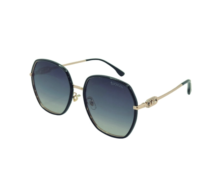 Sunglasses with gold frame and blue gradient lenses on a white background