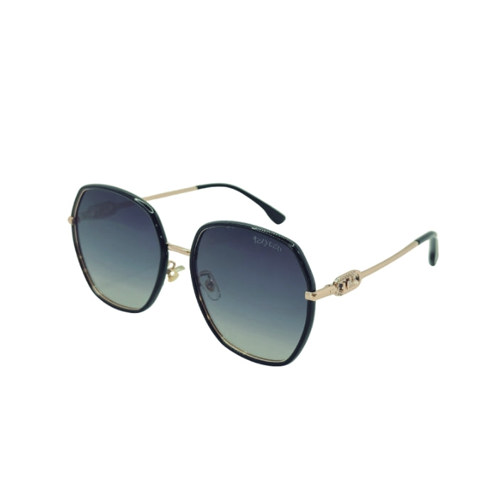 Sunglasses with gold frame and blue gradient lenses on a white background