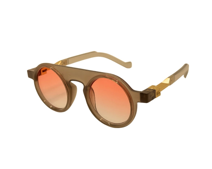 Sunglasses with gold frame and orange gradient lenses on a white background