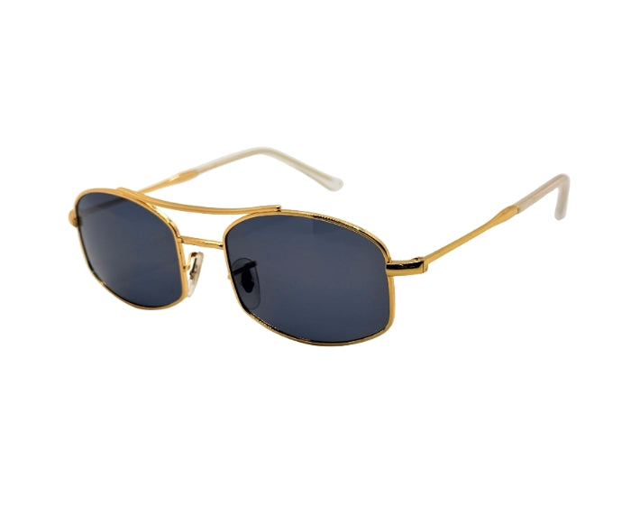 Sunglasses with gold frame and purple accents on a white background