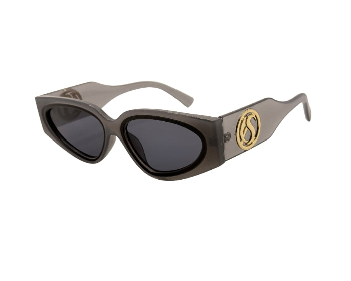 Sunglasses with a gold logo on a white background