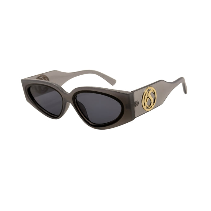 Sunglasses with a gold logo on a white background