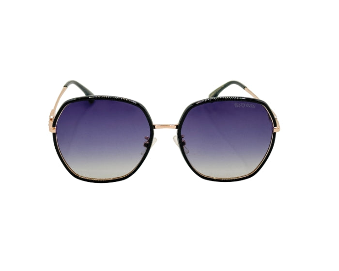 Sunglasses with gradient purple lenses on a white background