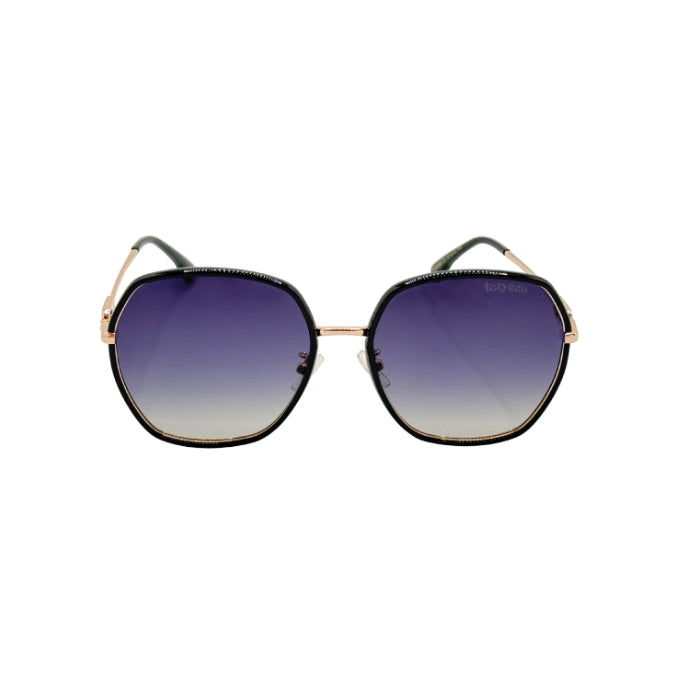 Sunglasses with gradient purple lenses on a white background