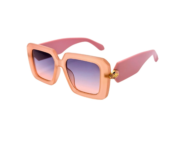 Sunglasses with pink frame and gradient lenses on a white background