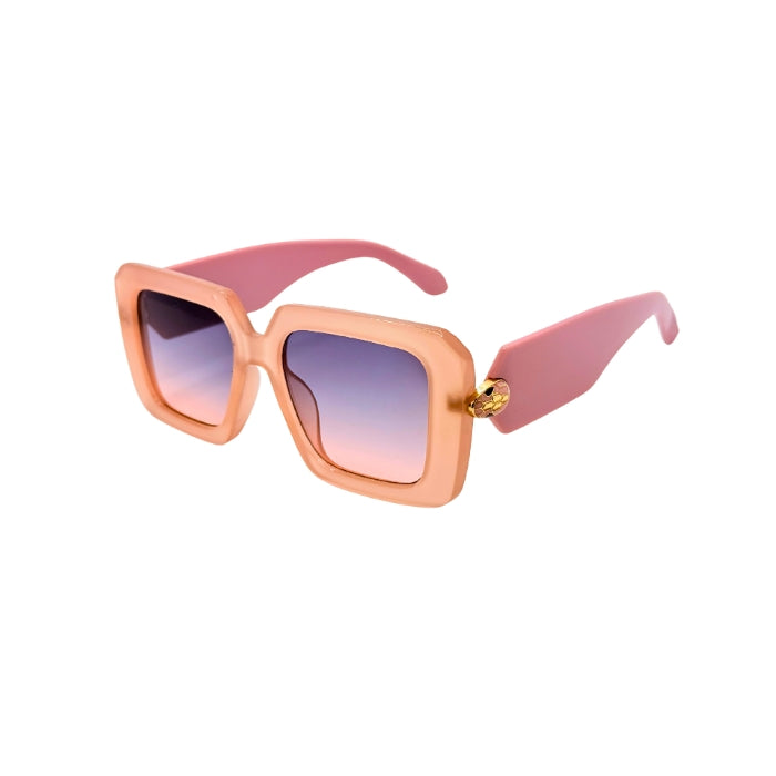 Sunglasses with pink frame and gradient lenses on a white background