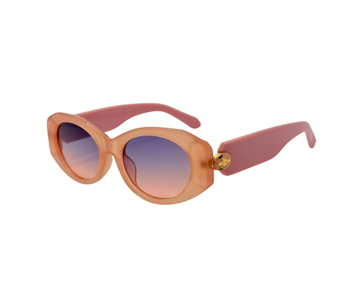 Sunglasses with pink frame and gradient lenses on a white background