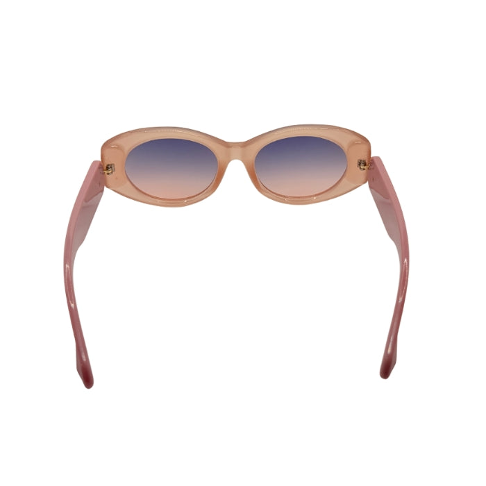 Sunglasses with pink frames and gradient lenses on a white background