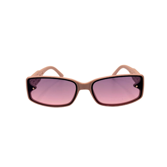 Sunglasses with pink lenses and brown frame on a white background