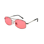 Sunglasses with pink lenses and silver frame on a white background