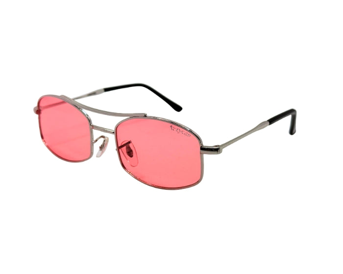 Sunglasses with pink lenses and silver frame on a white background