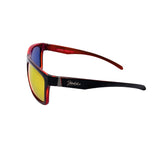 Sunglasses with red frame and yellow lens on a white background