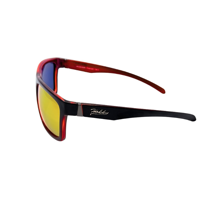Sunglasses with red frame and yellow lens on a white background