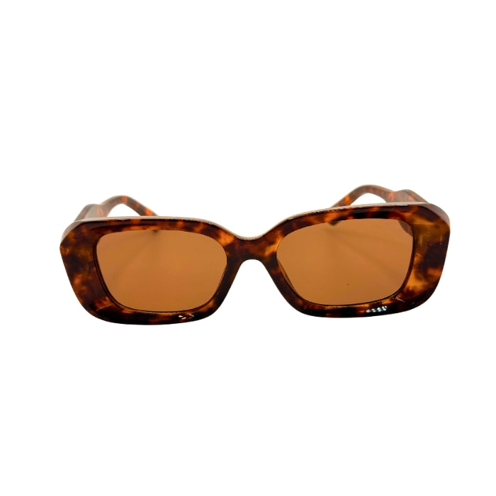 Sunglasses with tortoiseshell frame and brown lenses on a white background