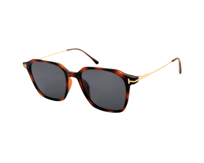 Sunglasses with tortoiseshell frame and dark lenses on a white background