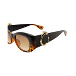 Sunglasses with tortoiseshell frame and gold accents on a white background