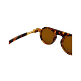 Sunglasses with tortoiseshell frame and brown lenses on a white background