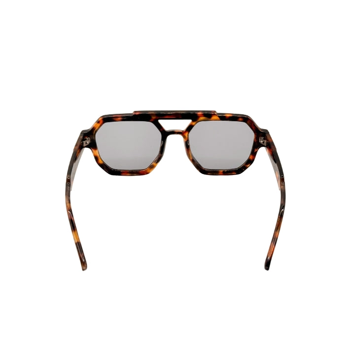 Sunglasses with tortoiseshell frame and reflective lenses on a white background
