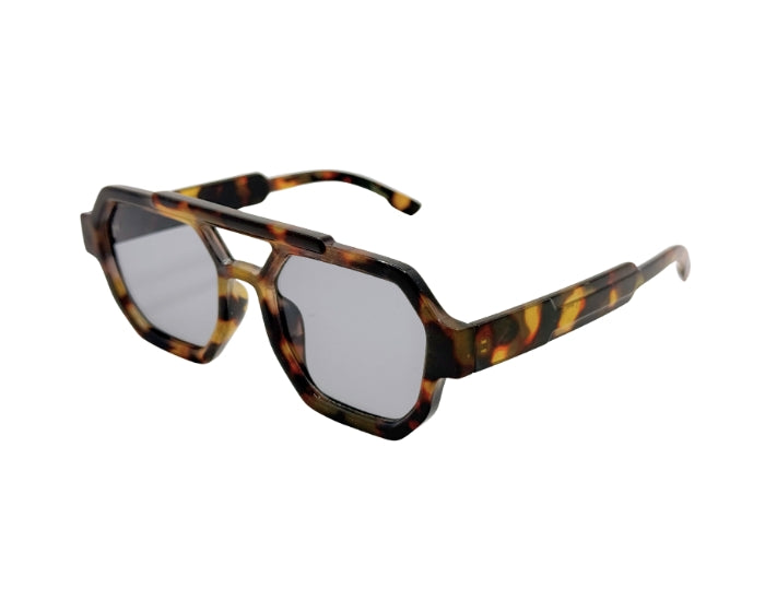 Sunglasses with tortoiseshell frame and reflective lenses on a white background