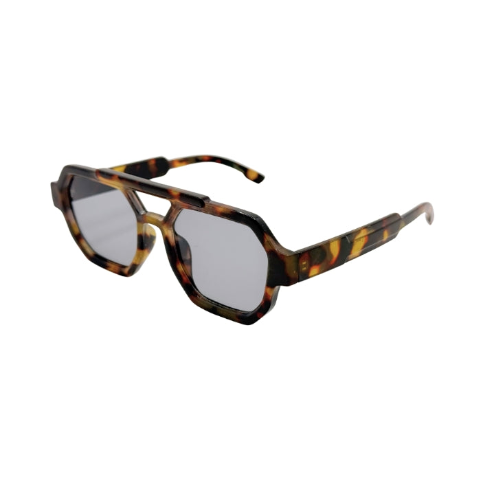 Sunglasses with tortoiseshell frame and reflective lenses on a white background