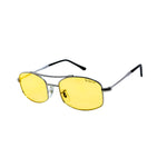 Sunglasses with yellow lenses and black frames on a white background