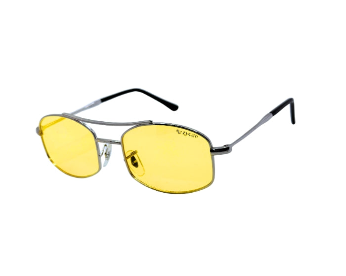 Sunglasses with yellow lenses and black frames on a white background