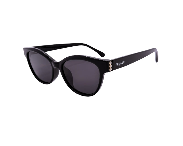 Sunglasses with black frames and gold and white design on side on white background
