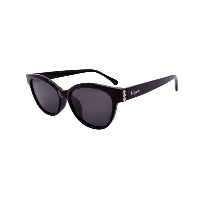 Sunglasses with black frames and gold and white design on side on white background
