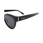 Black sunglasses with dark lenses and gold and white design on white background