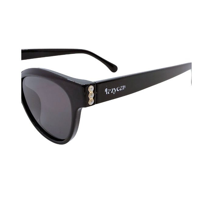 Black sunglasses with dark lenses and gold and white design on white background