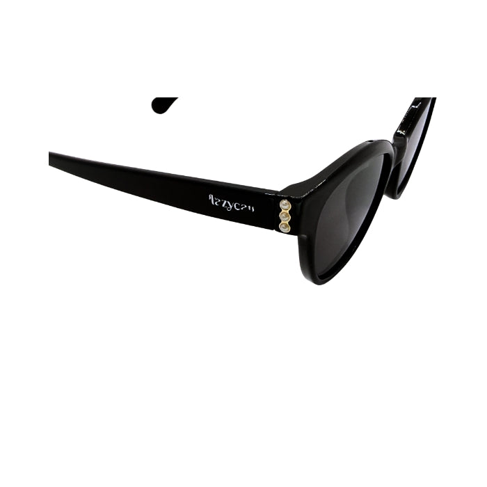 Black sunglasses with detailing on frames on white background