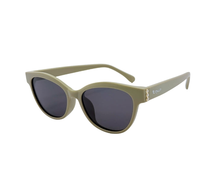 Olive green sunglasses with dark lenses and a modern rounded frame