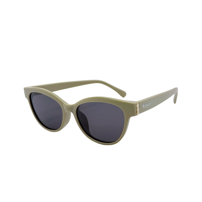 Olive green sunglasses with dark lenses and a modern rounded frame