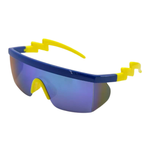 Sunglasses with blue lenses and yellow frames on a white background