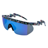 Sunglasses with floral patterned arms on a white background