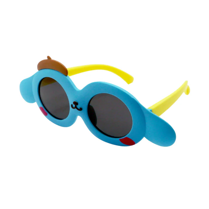 Blue sunglasses with yellow arms on a white background