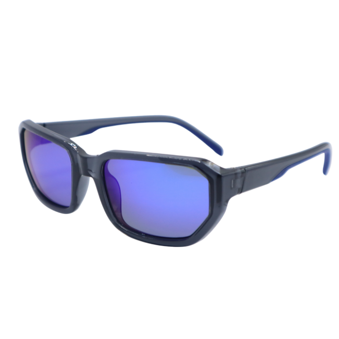 Sunglasses with blue lenses and dark frame on a white background