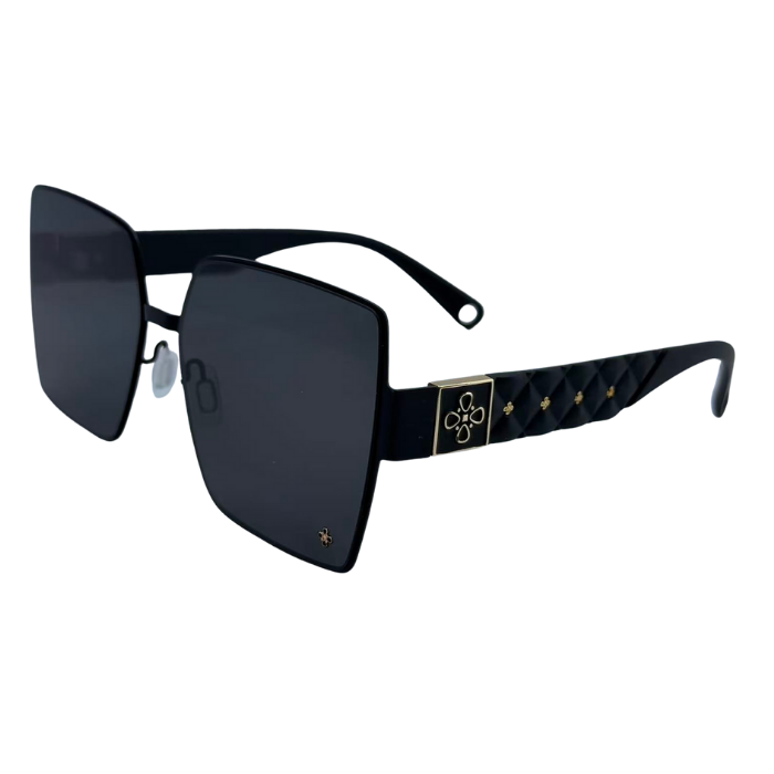 Black sunglasses with decorative arm on a white background