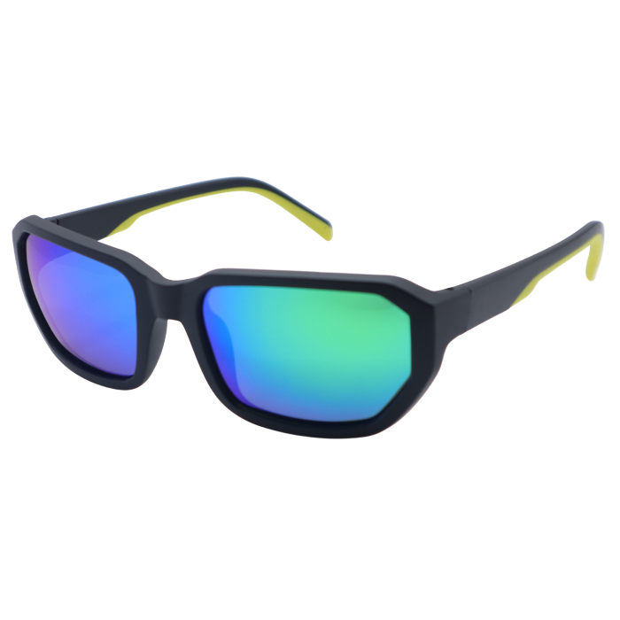 Sunglasses with blue and green lenses on a white background
