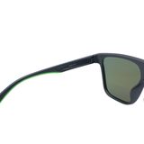 Sunglasses with a black frame and green-tinted lens on a white background