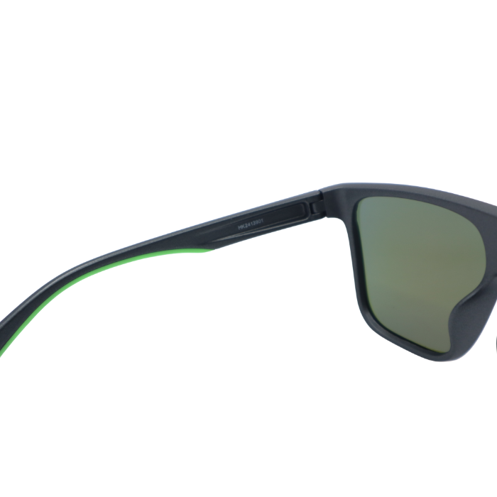 Sunglasses with a black frame and green-tinted lens on a white background