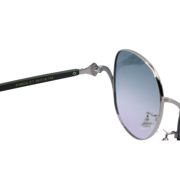 Sunglasses with a metallic frame and blue-tinted lenses on a white background