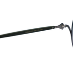 Close-up of a black eyeglass frame with visible branding on a white background