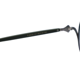 Close-up of a black eyeglass frame with visible branding on a white background