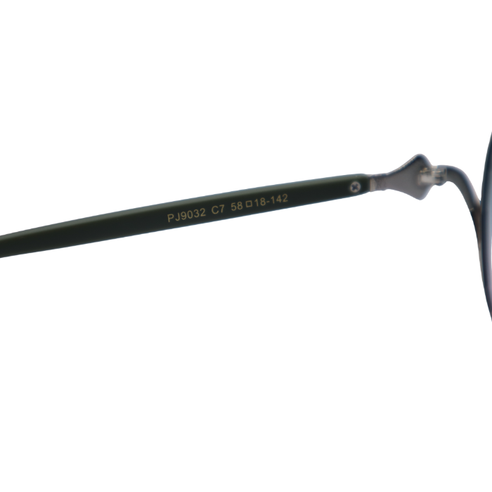 Close-up of a black eyeglass frame with visible branding on a white background